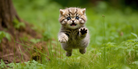 A kitten running through the grass. Generative AI image.の素材