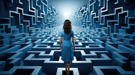 A woman in a blue dress standing in front of a maze. Generative AI image.の素材