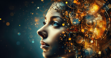 A woman with glowing eyes and a futuristic face. Generative AI image.の素材