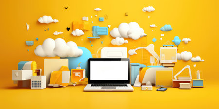 A laptop computer surrounded by cloud objects. Generative AI image.の素材