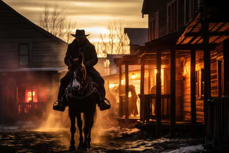 A cowboy riding a horse through a town at sunset. Generative AI image.の素材