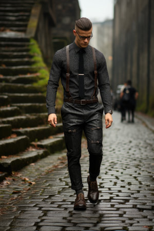 A man in a tie and suspenders walking down a cobblestone street. Generative AI image.の素材