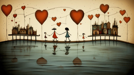 A painting of a family walking on the pier with hearts floating above. Generative AI image.の素材