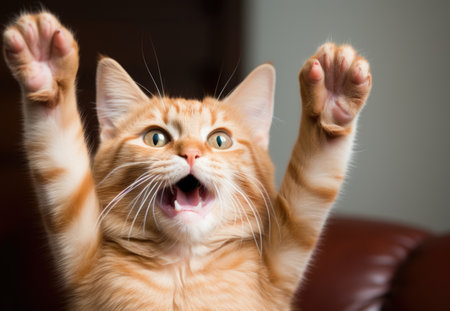 A cat is raising its paws up in the air. Generative AI image.の素材
