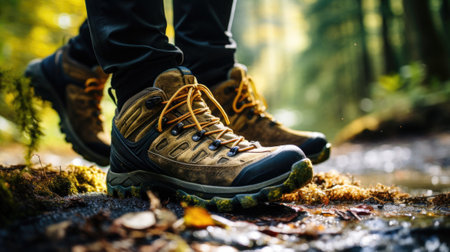 A person wearing hiking boots in the woods. Generative AI image.の素材