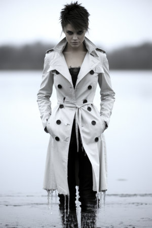 A woman in a trench coat standing in the water. Generative AI image.の素材