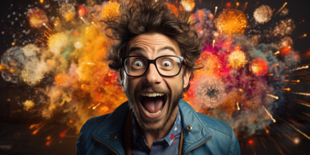 A man with glasses and a smile is looking up at the camera. Generative AI image.の素材