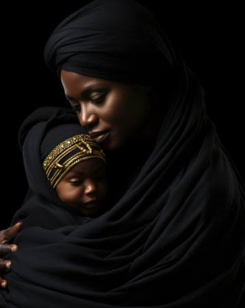 A woman in black holding a baby. Generative AI image.の素材