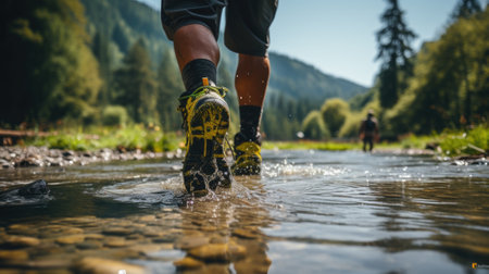 A person wearing hiking shoes walking through a stream. Generative AI image.の素材