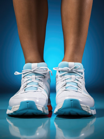 A womans feet in white and blue sneakers. Generative AI image.の素材