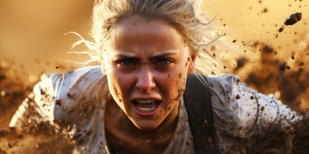 A woman running through the mud in the desert. Generative AI image.の素材