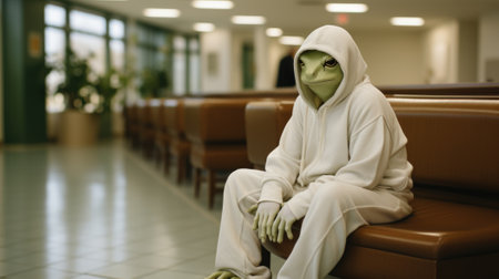 A green frog-like alien wearing a hoodie sitting on a couch. Generative AI image.の素材