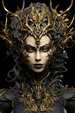 A woman with golden hair and horns. Generative AI image.の素材
