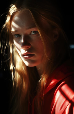 A woman with long red hair and a red hoodie. Generative AI image.の素材