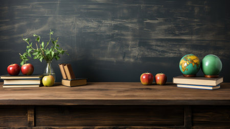 A wooden table with books and apples. Generative AI image.の素材