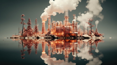 An image of a factory with smoke coming out of it. Generative AI image.の素材
