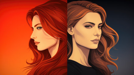 Two women with red hair and black hair. Generative AI image.の素材