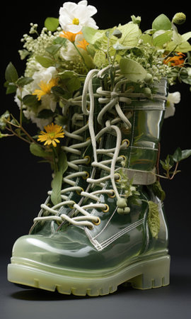 A pair of green boots with flowers in them. Generative AI image.の素材