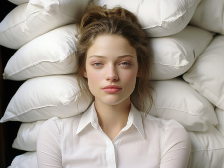 A woman laying on a pile of pillows. Generative AI image.の素材