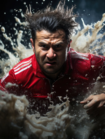 A man in a red shirt is splashing water. Generative AI image.の素材