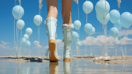 A woman in white boots and blue rain boots walking on the beach. Generative AI image.の素材