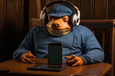 A frog-like creature wearing headphones is sitting at a table. Generative AI image.の素材