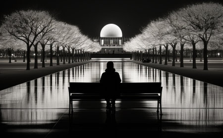 A woman sits on a bench in front of a fountain. Generative AI image.の素材