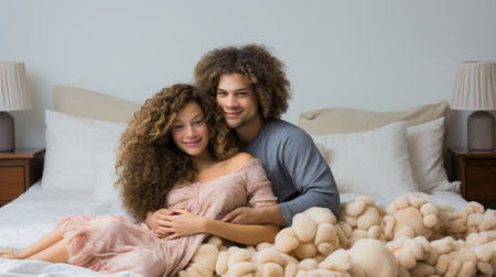 A man and woman are sitting on a bed. Generative AI image.の素材