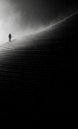 A lone man walking up a hill in the dark. Generative AI image.の素材