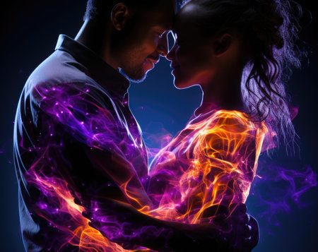 A couple embracing in front of a purple and blue background. Generative AI image.の素材