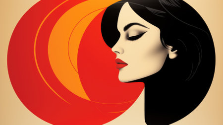 A womans face is in the center of a red and orange circle. Generative AI image.の素材