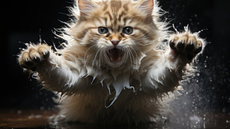 A cat is splashing water on a black background. Generative AI image.の素材