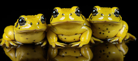 Three yellow frogs are sitting on a black background. Generative AI image.の素材