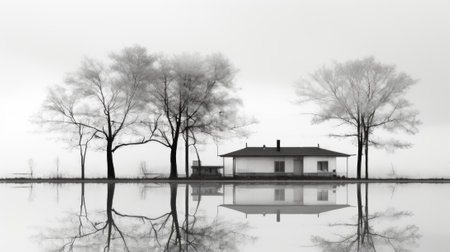 A black and white photo of a house in the middle of a lake. Generative AI image.の素材