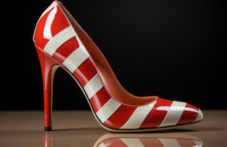 A red and white high heel shoe with a striped design. Generative AI image.の素材