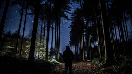 A person standing in the middle of a forest at night. Generative AI image.の素材