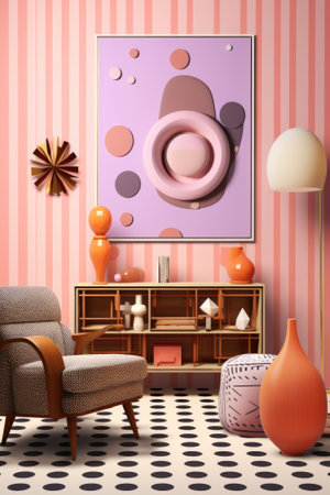 A pink living room with a chair, a lamp and a painting. Generative AI image.の素材