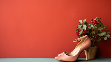 A pair of high heels and a potted plant on a table. Generative AI image.の素材