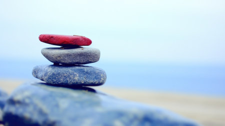 A stack of rocks with a red stone on top. Generative AI image.の素材