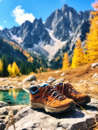 A pair of hiking shoes on a rock by a lake. Generative AI image.の素材