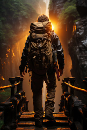 A man with a backpack walking on a bridge in the mountains. Generative AI image.の素材