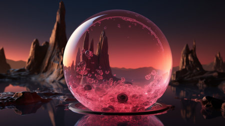 A pink sphere with water and rocks in the background. Generative AI image.の素材