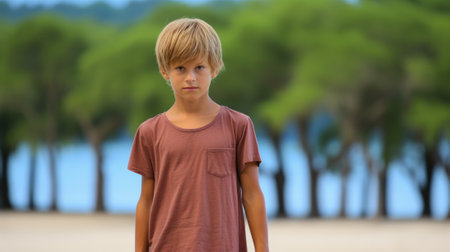 A young boy standing on a beach with trees in the background. Generative AI image.の素材