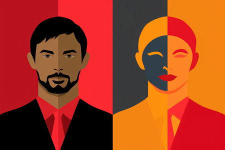 A man and woman with different colored faces. Generative AI image.の素材
