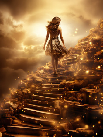 A woman walks up a staircase to the sky. Generative AI image.の素材