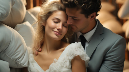 A man and woman in a room with pillows. Generative AI image.の素材