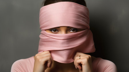 A woman wearing a pink scarf over her face. Generative AI image.の素材