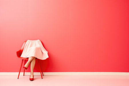 Lower half of womans mannequin in a white dress sitting on a chair in front of a pink wall. Generative AI image.の素材
