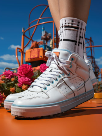 A person wearing white sneakers on an orange surface. Generative AI image.の素材