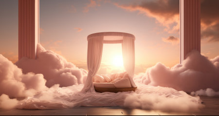 A bed in the clouds with a canopy over it. Generative AI image.の素材